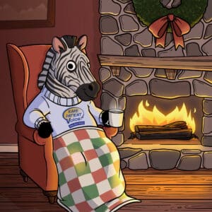 RPV cartoon zebra mascot Rarity by the fire for 2025 December holidays